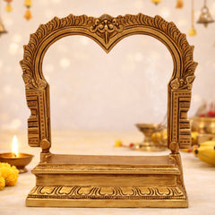 Brass Chowki With Prabhavali, Singhasan Peetha With Arch, Brass Deity Stand for Puja Mandir, Sinhasan, Temple Altar Decor, Gold, 6.5 Inch, 1 Piece