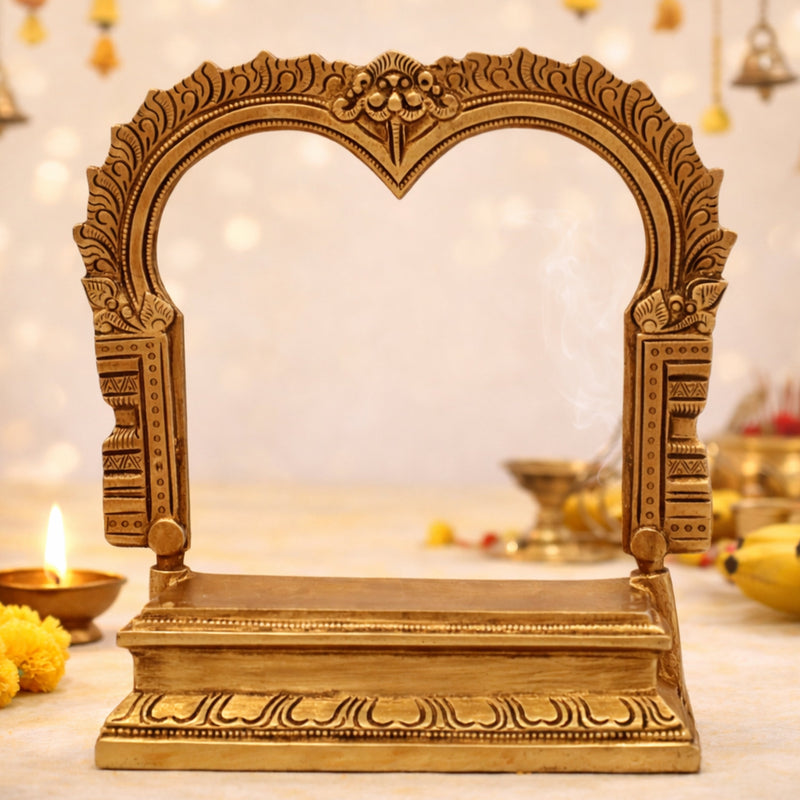 Brass Chowki With Prabhavali, Singhasan Peetha With Arch, Brass Deity Stand for Puja Mandir, Sinhasan, Temple Altar Decor, Gold, 6.5 Inch, 1 Piece