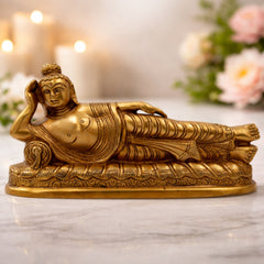 Sleeping Buddha Brass Idol, Handcrafted Buddha Statue, Meditating Buddha Murti, Reclining Buddha Figurine for Home Decor, Temple, Pooja, Office & Gifts,Gold, 3.5 Inch, 1 Piece