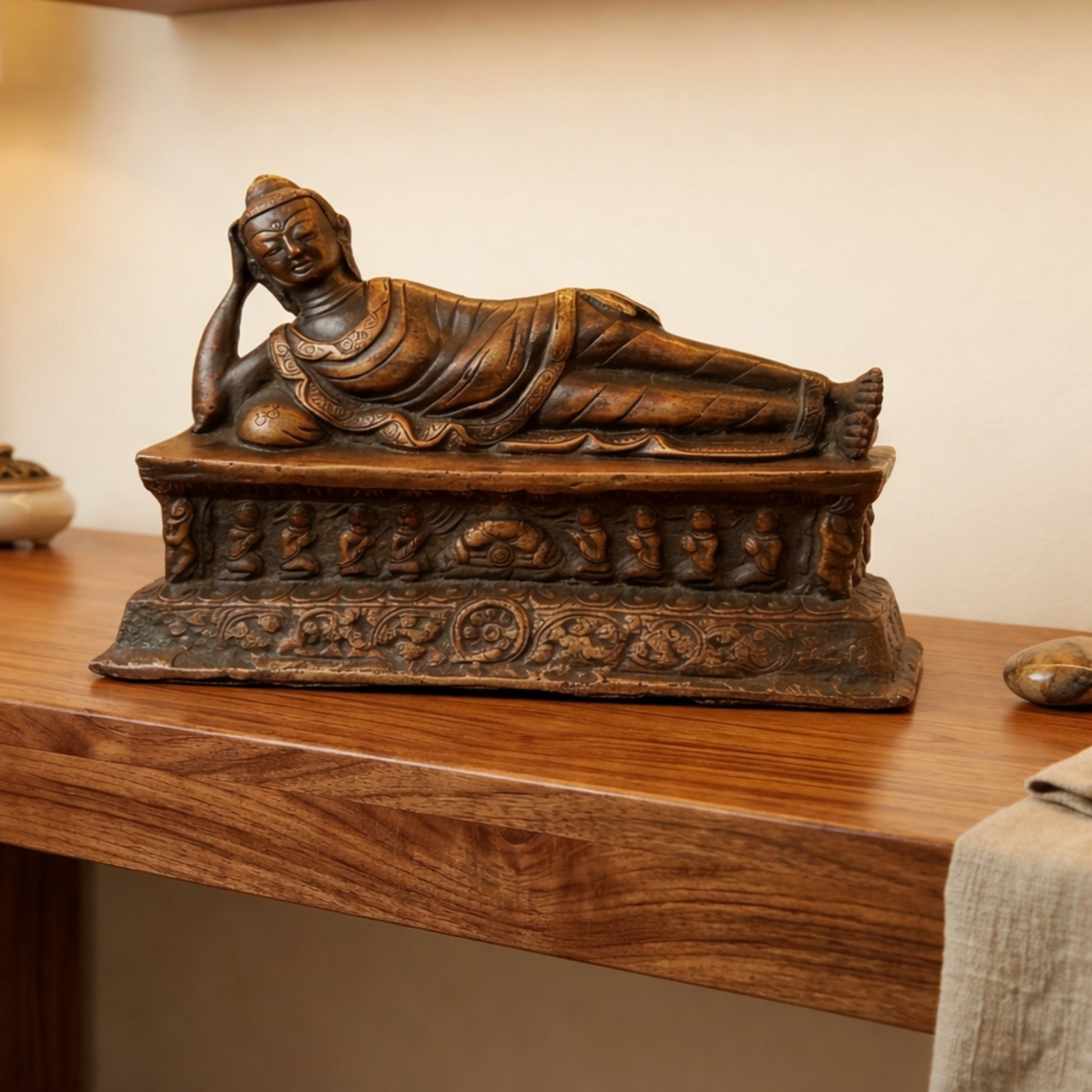 Brass Sleeping Buddha Idol | Reclining Buddha Statue Murti Sculpture for Home Decor, Pooja, Meditation & Gifts,Gold, 7 Inch, 1 Piece