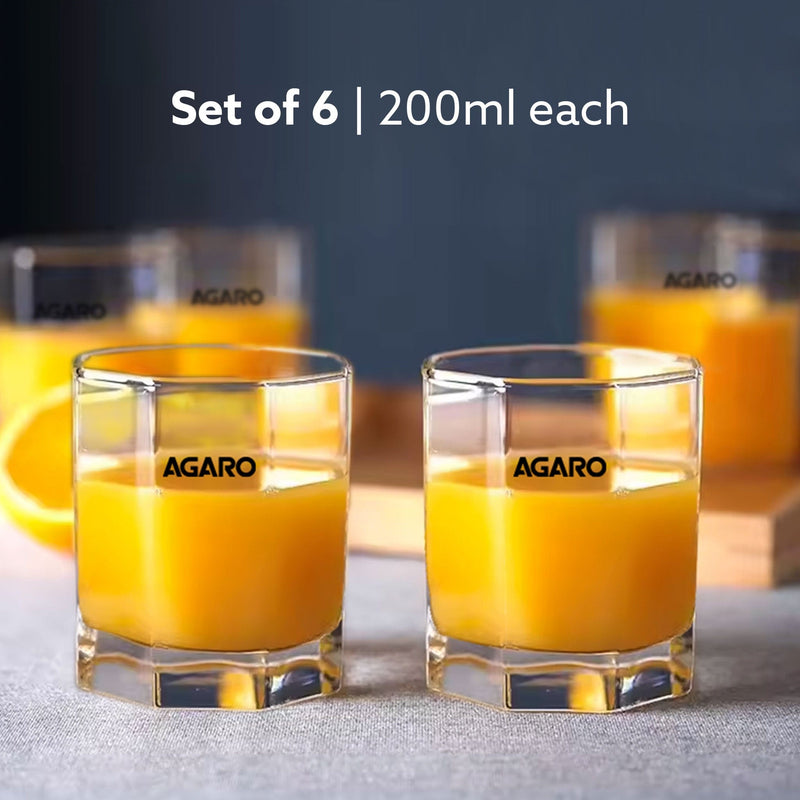 AGARO Elegant Octagonal Glass 200ml set of 6, Juice and Water Drinking Glass Transparent