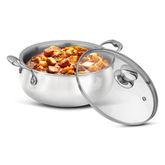 AGARO Regency Triply Stainless Steel Saucepot 2 Liter with Glass Lid, 2.5 mm Thick Body, Induction & Gas Compatible, Riv