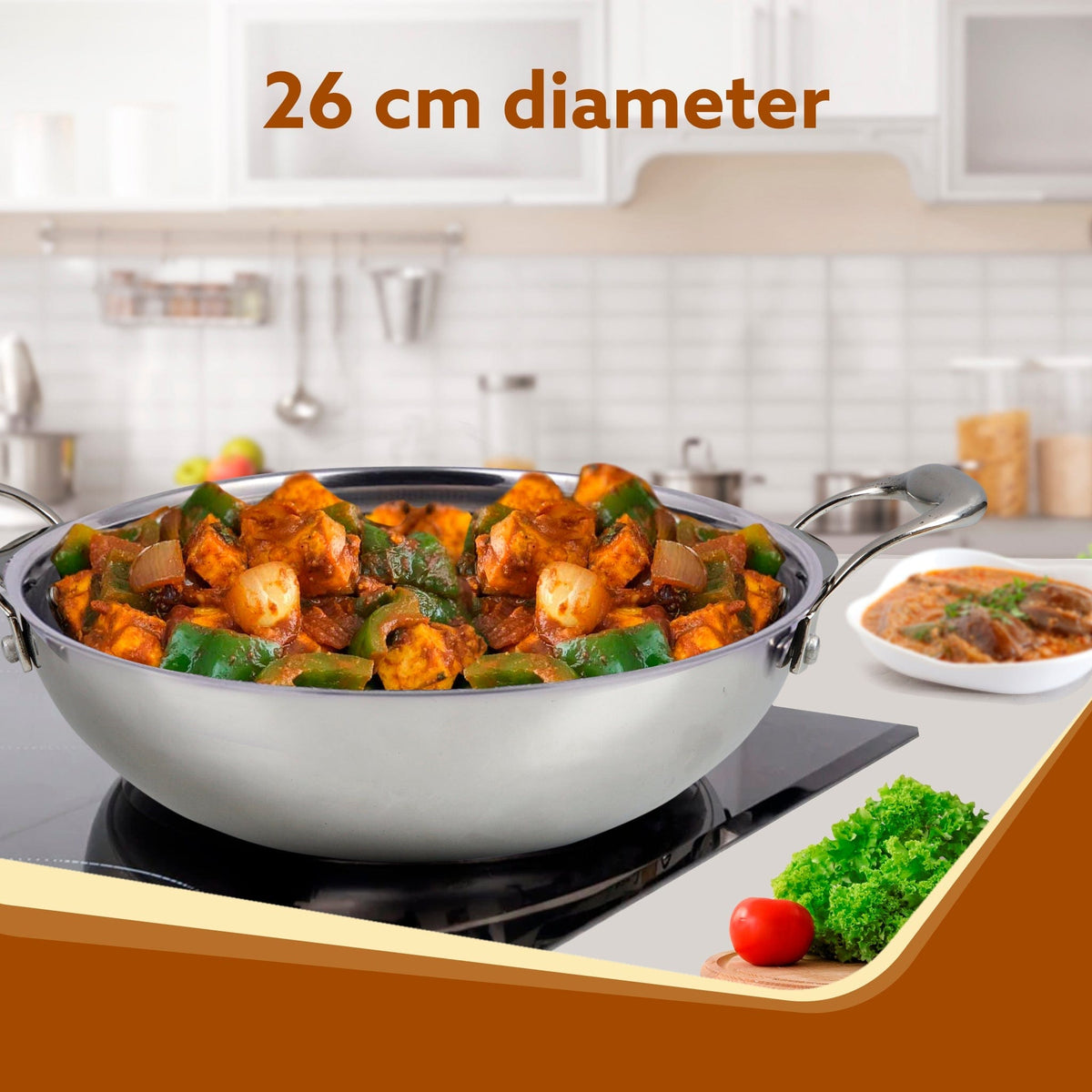 AGARO Regency Tri-Ply Steel Kadai, 2.75L Capacity, 26 cm Diameter, Stainless Steel, Riveted Handle, Food Safe, Gas Oven and Induction Oven Compatible, Cooking, Frying, Serving, Silver