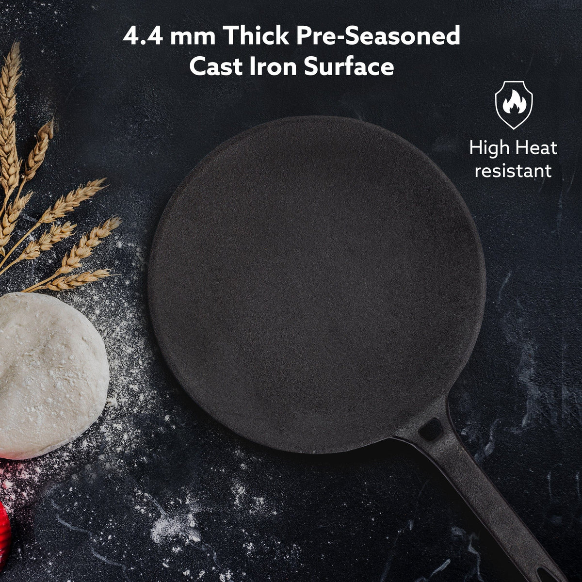 AGARO Royal Pre Seasoned Cast Iron Tawa, 26 CM Diameter, No Chemical Coating, Long Rigid Handle, Fast Heating, Heavy Wei
