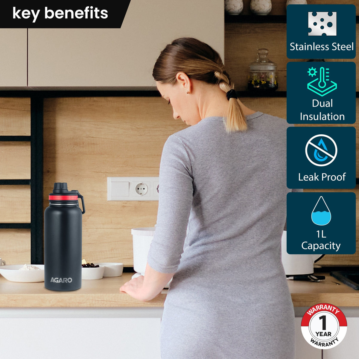 AGARO Imperial Stainless Steel Vacuum Flask 1 Litre, Double Walled Vacuum Insulated, Copper Insulated, Flip Top Lid, Sipping Lid, Leak Proof, Tritan Infuser, Hot and Cold up to 8 hrs (Black).-2