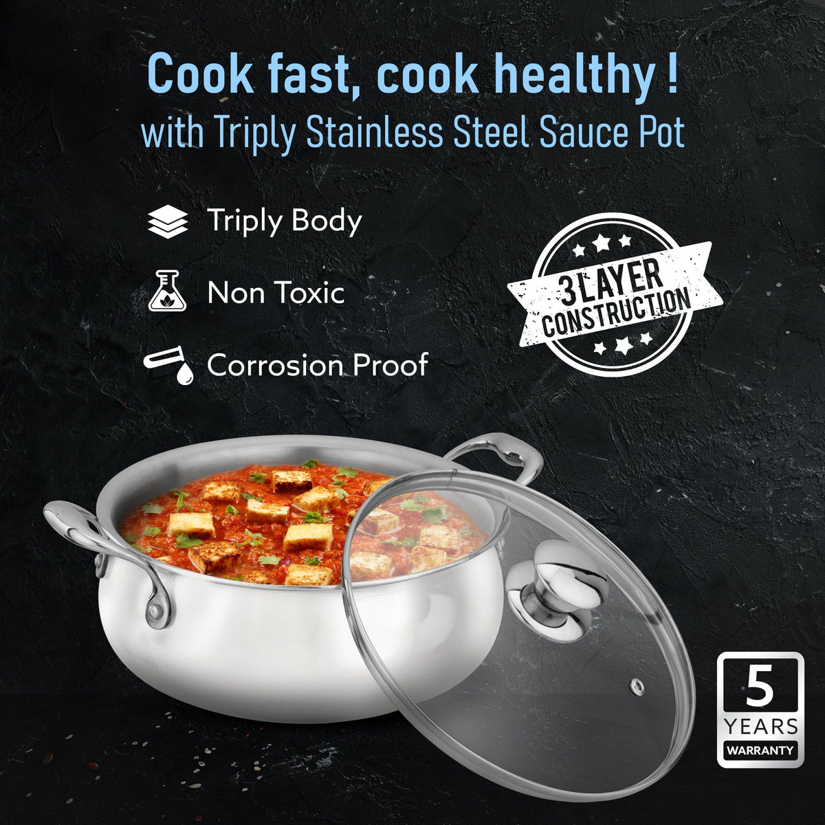 AGARO Regency Triply Stainless Steel Saucepot 2 Liter with Glass Lid, 2.5 mm Thick Body, Induction & Gas Compatible, Riv
