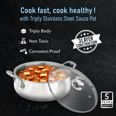 AGARO Regency Triply Stainless Steel Saucepot 2 Liter with Glass Lid, 2.5 mm Thick Body, Induction & Gas Compatible, Riv