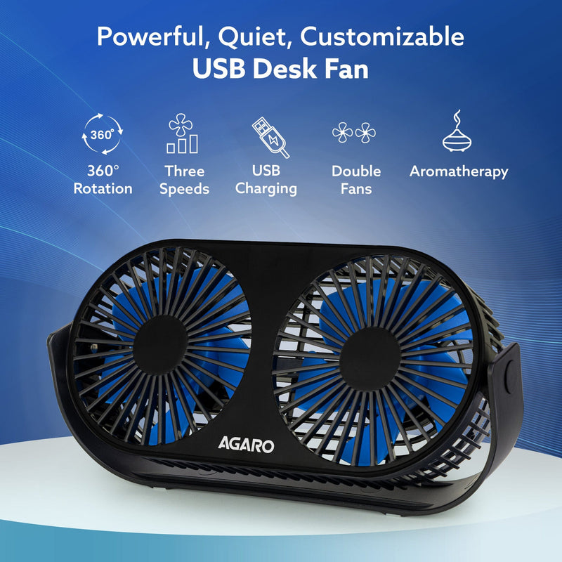 AGARO Signify USB Desk Twin Fan, Portable Dual Table Cooling Fan with 5 Blades & 3 Speed Option, USB Powered, Dual Mode,