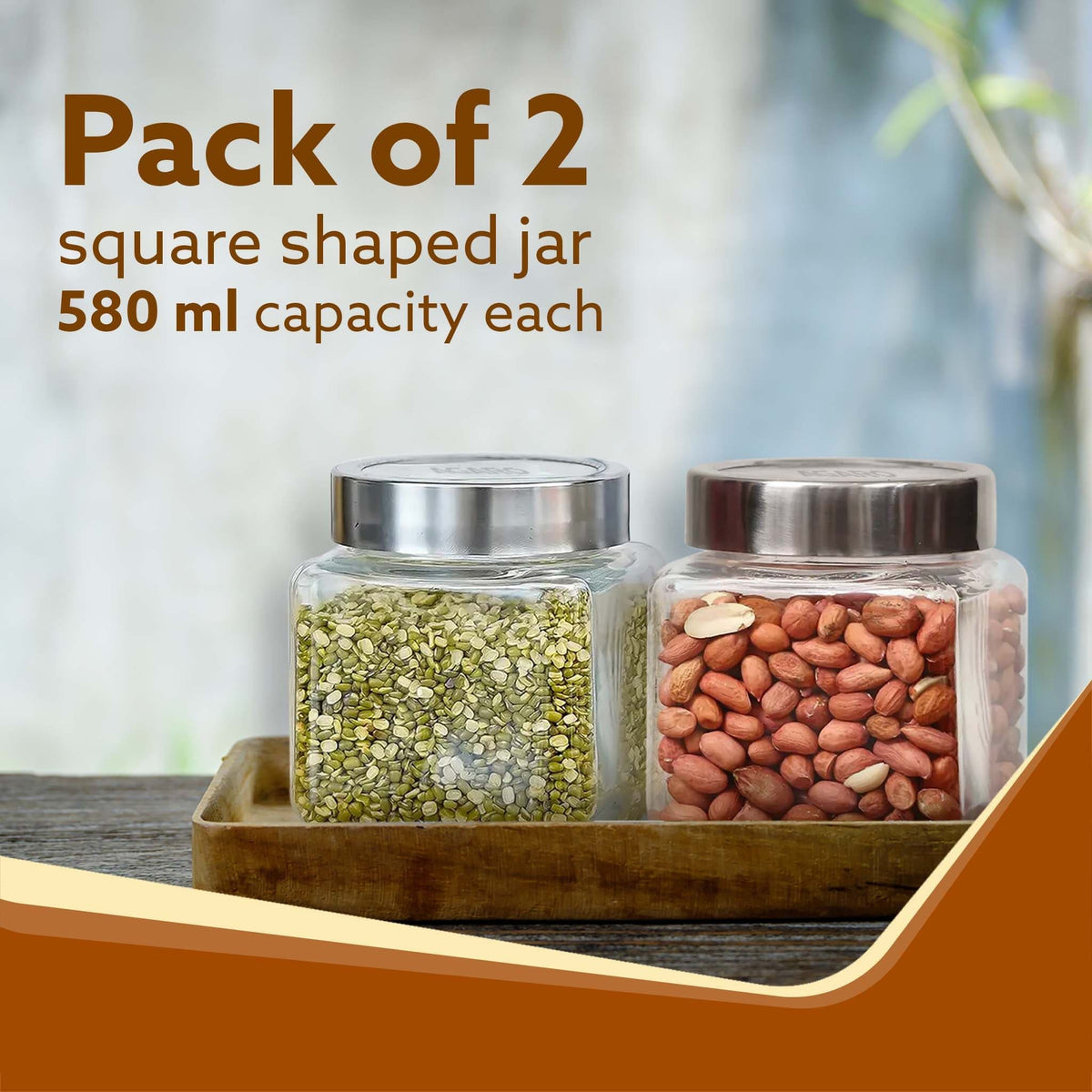 AGARO Elegant Cube Jar 580 ml, Square Shaped, Transparent Lid with Steel Finish, Storage Glass Container, Transparent, Kitchen Organiser, Multipurpose Jar, Pack of 2.