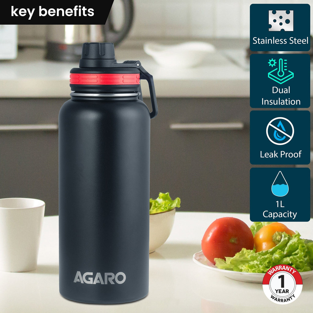 AGARO Imperial Stainless Steel Vacuum Flask 1 Litre, Double Walled Vacuum Insulated, Copper Insulated, Flip Top Lid, Sipping Lid, Leak and Rust Proof, SS Infuser, Hot and Cold up to 8 hrs, (Black)