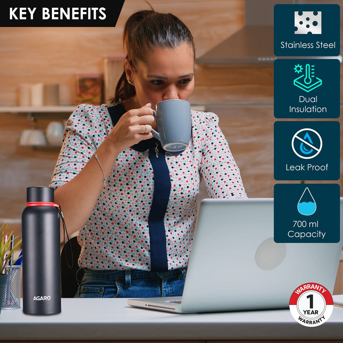 AGARO Elegant Stainless Steel Vacuum Flask 700ML, Dual Insulation with Tea Filter, Leak and Rust Proof, Hot and Cold Upto 20hrs, (Black).
