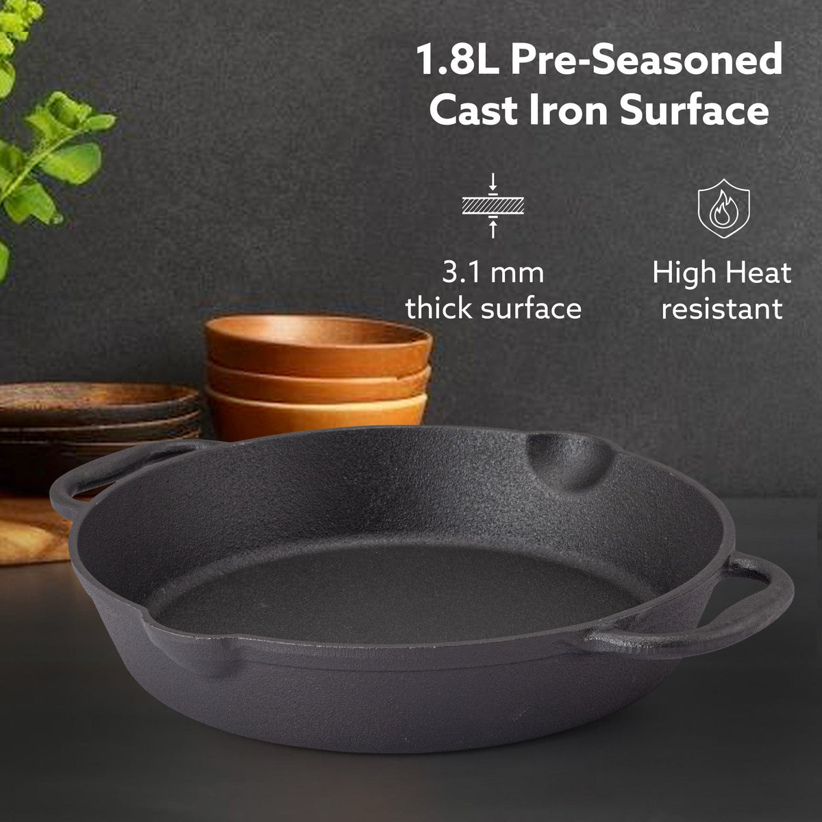 AGARO Royal Pre Seasoned Cast Iron Deep Fry Pan,25 cm Diameter,1.8L Capacity,No Chemical Coating,Rigid Handles,Fast Heat
