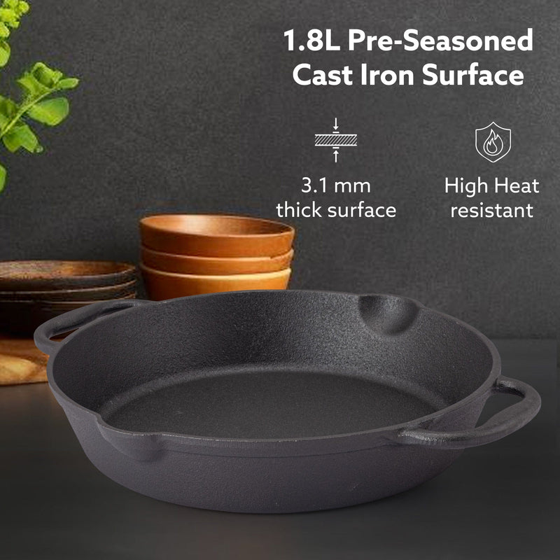 AGARO Royal Pre Seasoned Cast Iron Deep Fry Pan,25 cm Diameter,1.8L Capacity,No Chemical Coating,Rigid Handles,Fast Heat