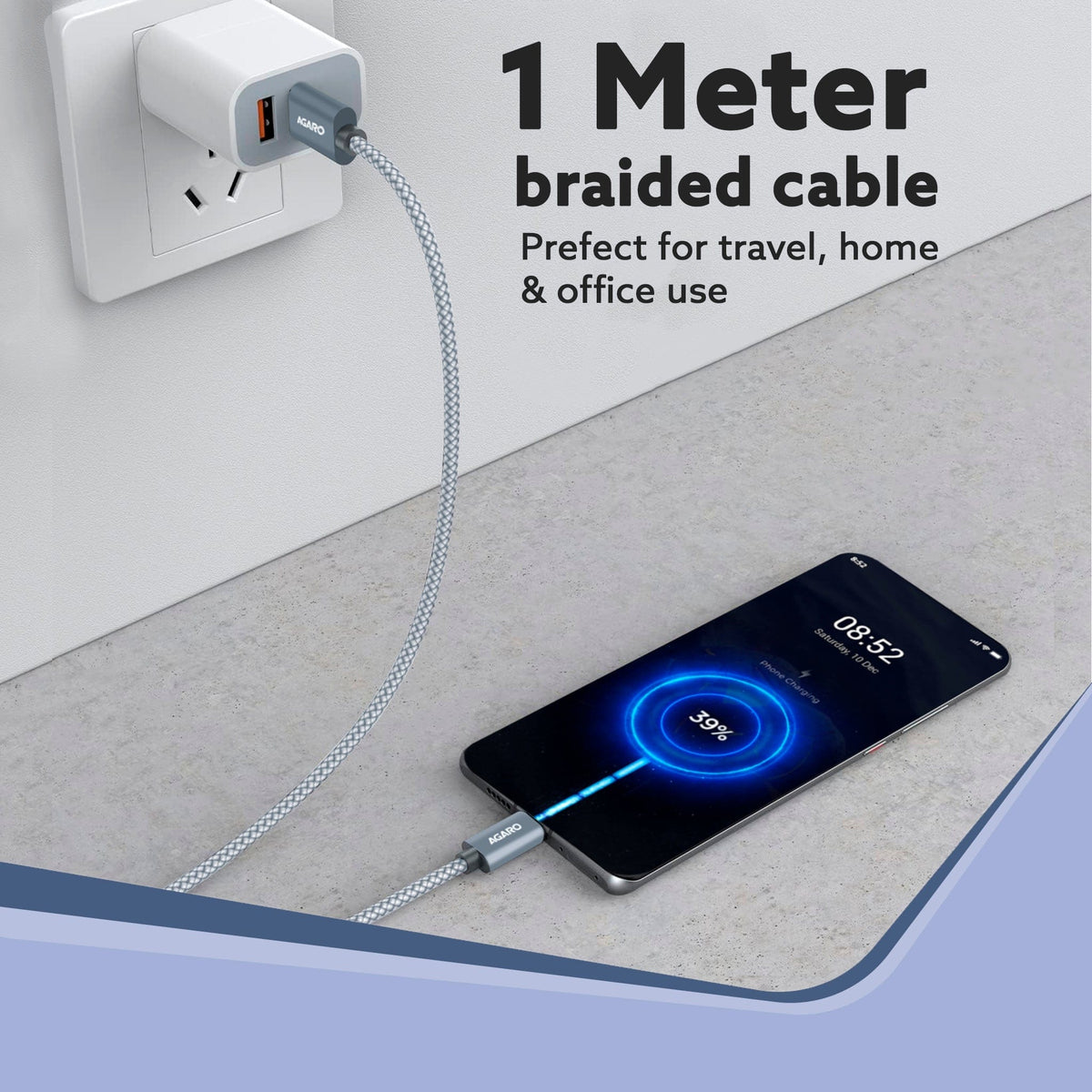 AGARO USB-A to Type C Cable, Unbreakable Braided Cable, 3A Fast Charging, Compatible with All Type C Devices Including S