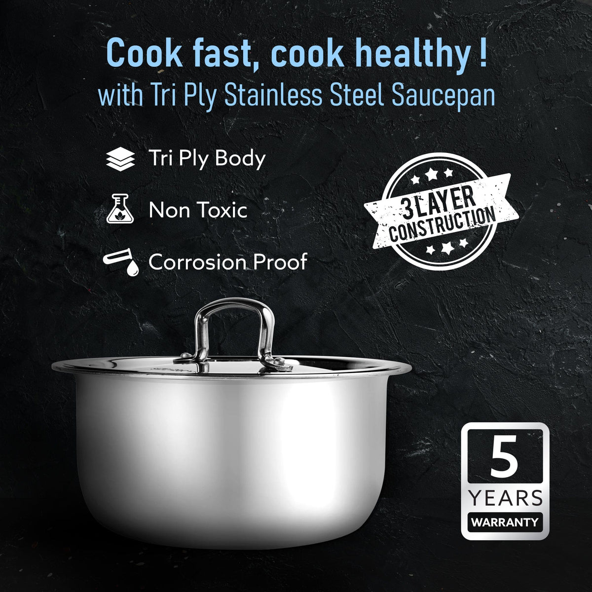 AGARO Regency Triply Tope 4.5L with Stainless Steel Lid, 2.5mm Thick Body, Rivetted Handle, Induction & Gas Compatible, 