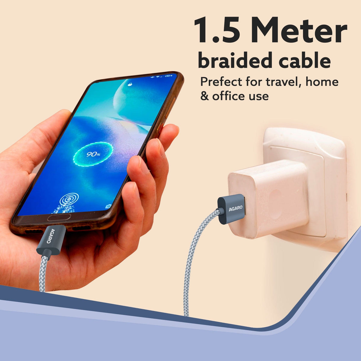 AGARO USB-A to Type C Cable, Unbreakable Braided Cable, 3A Fast Charging, Compatible with All Type C Devices Including S