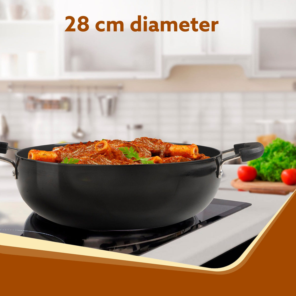 AGARO Elite Hard Anodised Kadhai with Glass Lid, 3.85L Capacity, 28 cm Diameter, Gas Oven Compatible, Riveted Handle, 3mm Thick Plate, Cooking, Frying, Serving, Black