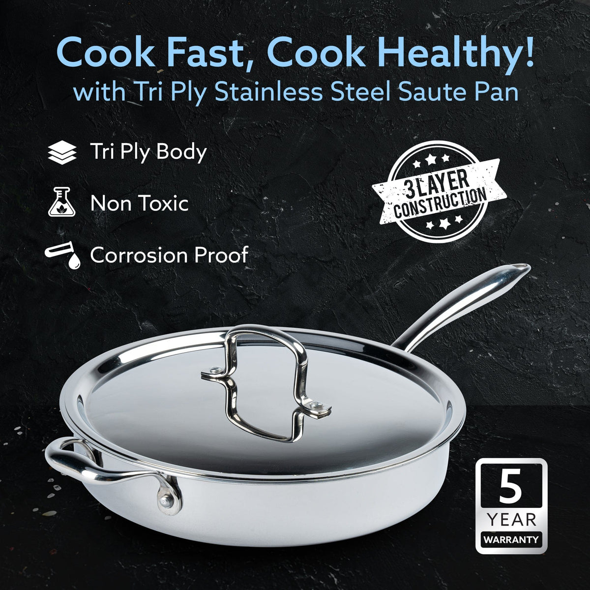 AGARO Regency Triply Saute Pan 2.5L with Lid, 26 cm, Rivetted & Stay Cool Handle, Fast Heat Absorb & Retain, Food Safe, 