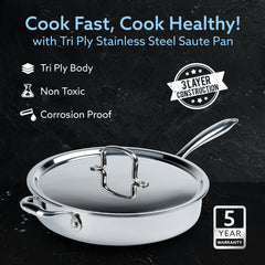 AGARO Regency Triply Saute Pan 2.5L with Lid, 26 cm, Rivetted & Stay Cool Handle, Fast Heat Absorb & Retain, Food Safe, 