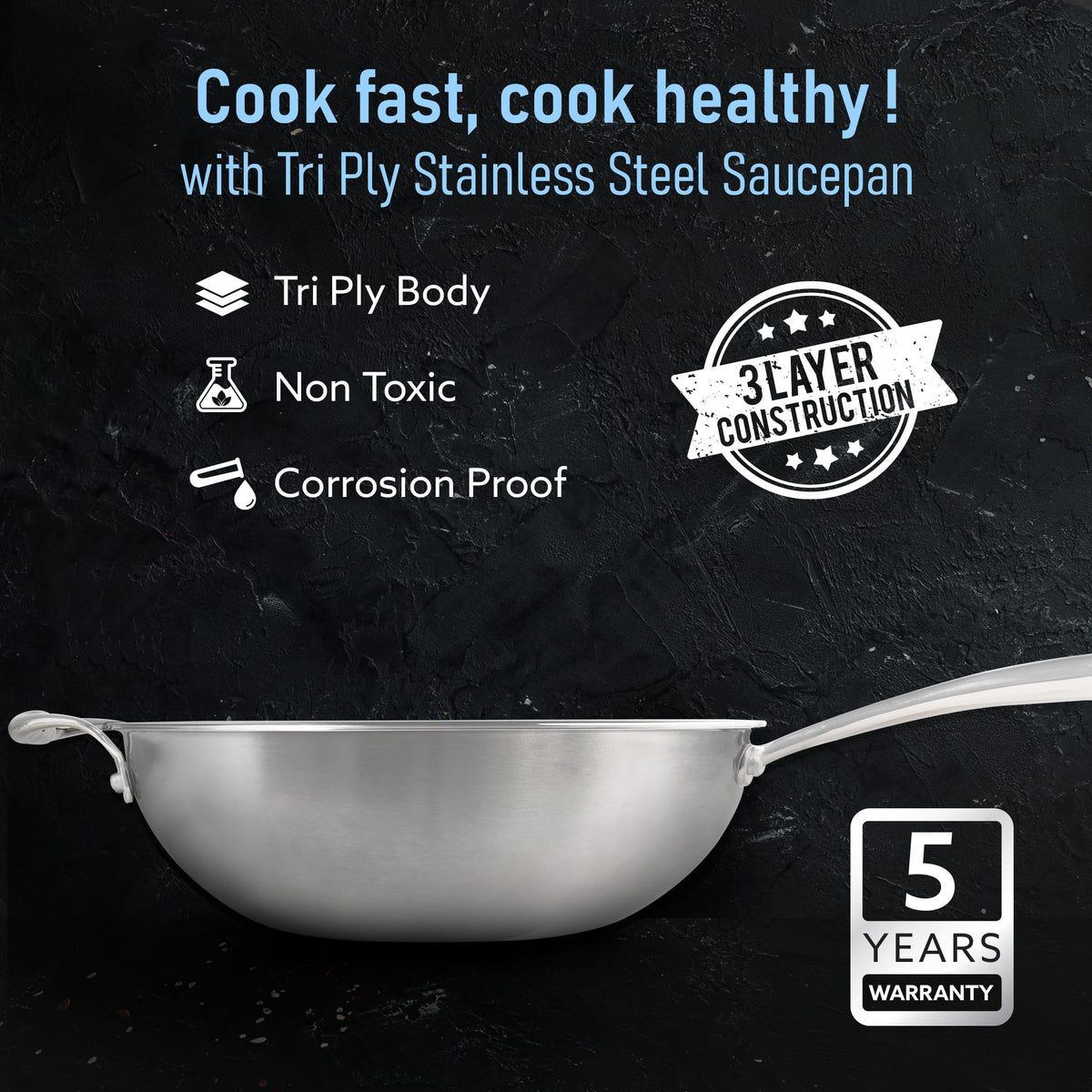 AGARO Stainless Steel Regency Triply Wok 26CM, 3.0L-2