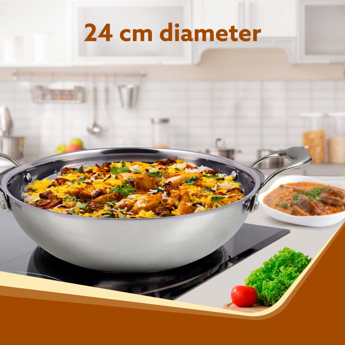 AGARO Royal Honey Comb Kadai, 2.25L Capacity, 24 cm Diameter, Gas & Induction Compatible, Tri-Ply Steel with Honey Comb Design, Riveted Handle, Food Safe & PFOA Free, Cooking, Frying, Serving, Silver