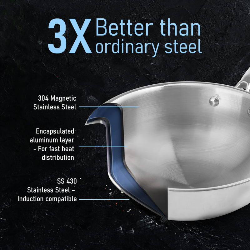 AGARO Stainless Steel Regency Triply Wok 26CM, 3.0L-3