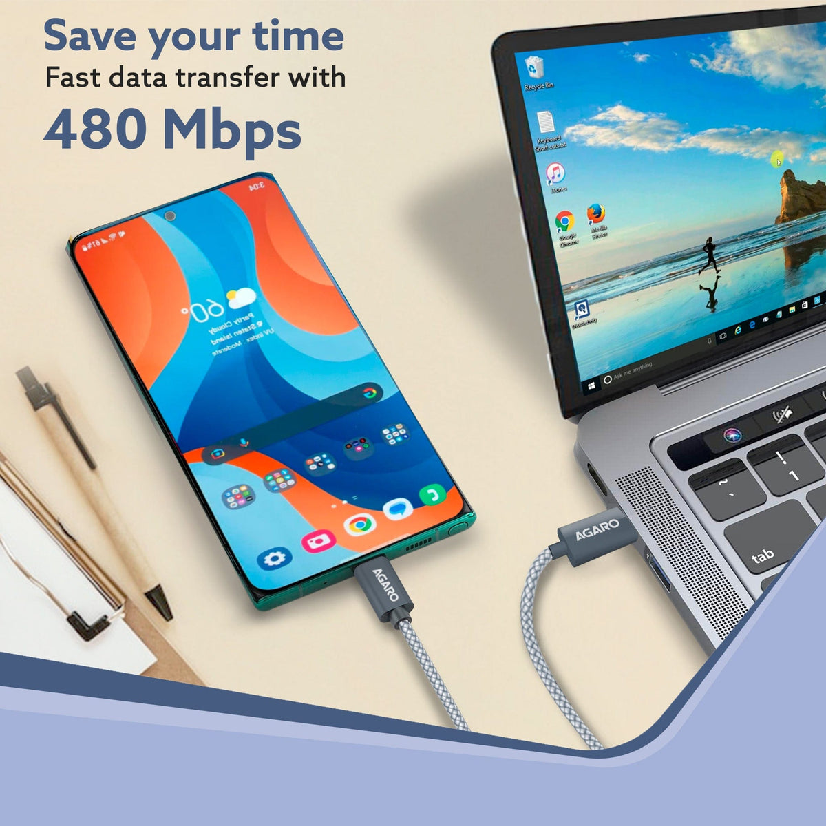 AGARO Type C to Type C Cable, 100W, 5A, Supports PD, Nylon Braided Fast Charging Cable, Compatible With Type C Devices I