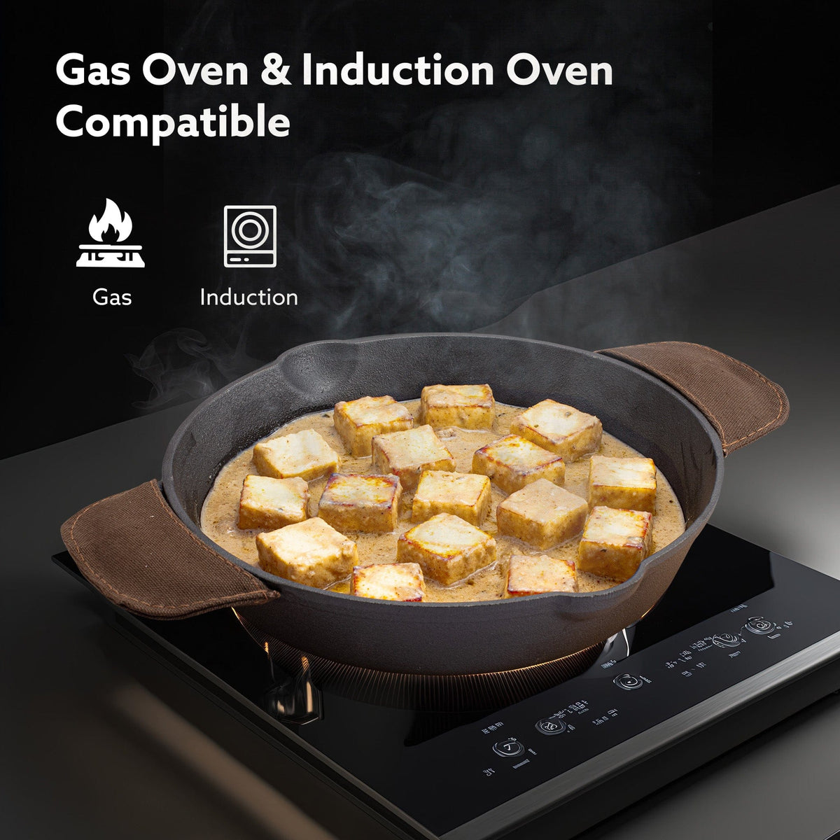 AGARO Royal Pre Seasoned Cast Iron Deep Fry Pan,25 cm Diameter,1.8L Capacity,No Chemical Coating,Rigid Handles,Fast Heat