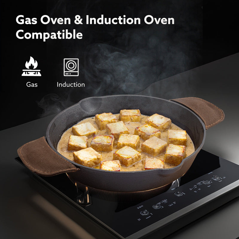 AGARO Royal Pre Seasoned Cast Iron Deep Fry Pan,25 cm Diameter,1.8L Capacity,No Chemical Coating,Rigid Handles,Fast Heat