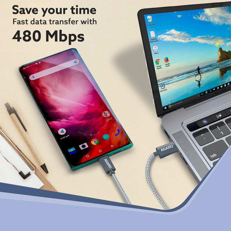 AGARO Type C to Type C Cable, 60W, 4A, Supports PD, Nylon Braided Fast Charging Cable Compatible With Type C Devices Inc