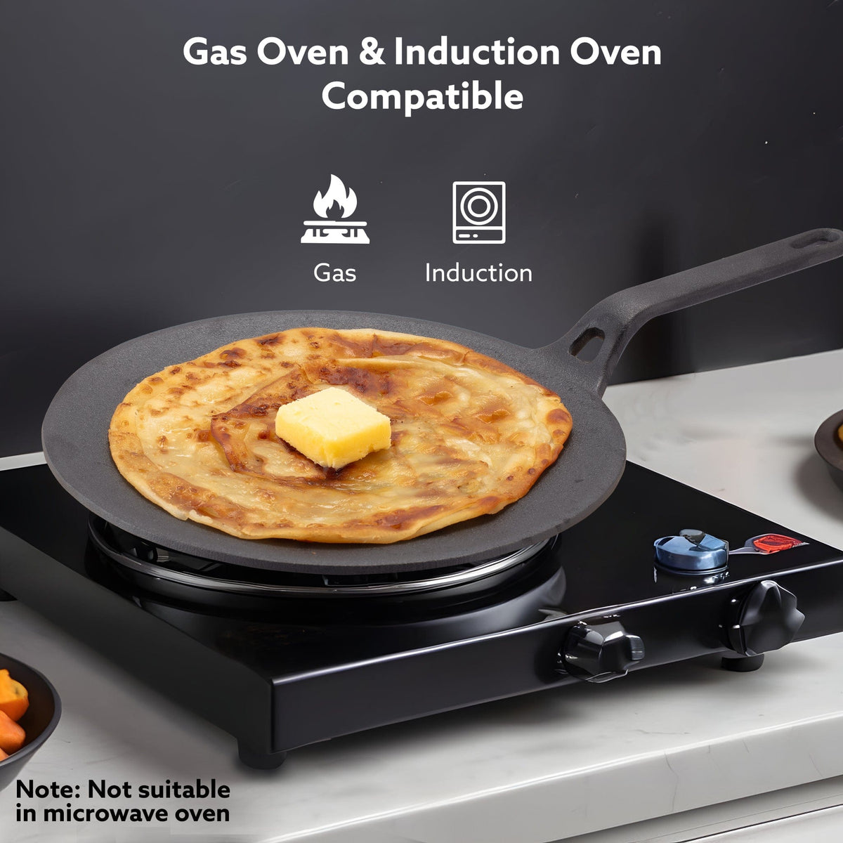 AGARO Royal Pre Seasoned Cast Iron Tawa, 26 CM Diameter, No Chemical Coating, Long Rigid Handle, Fast Heating, Heavy Wei