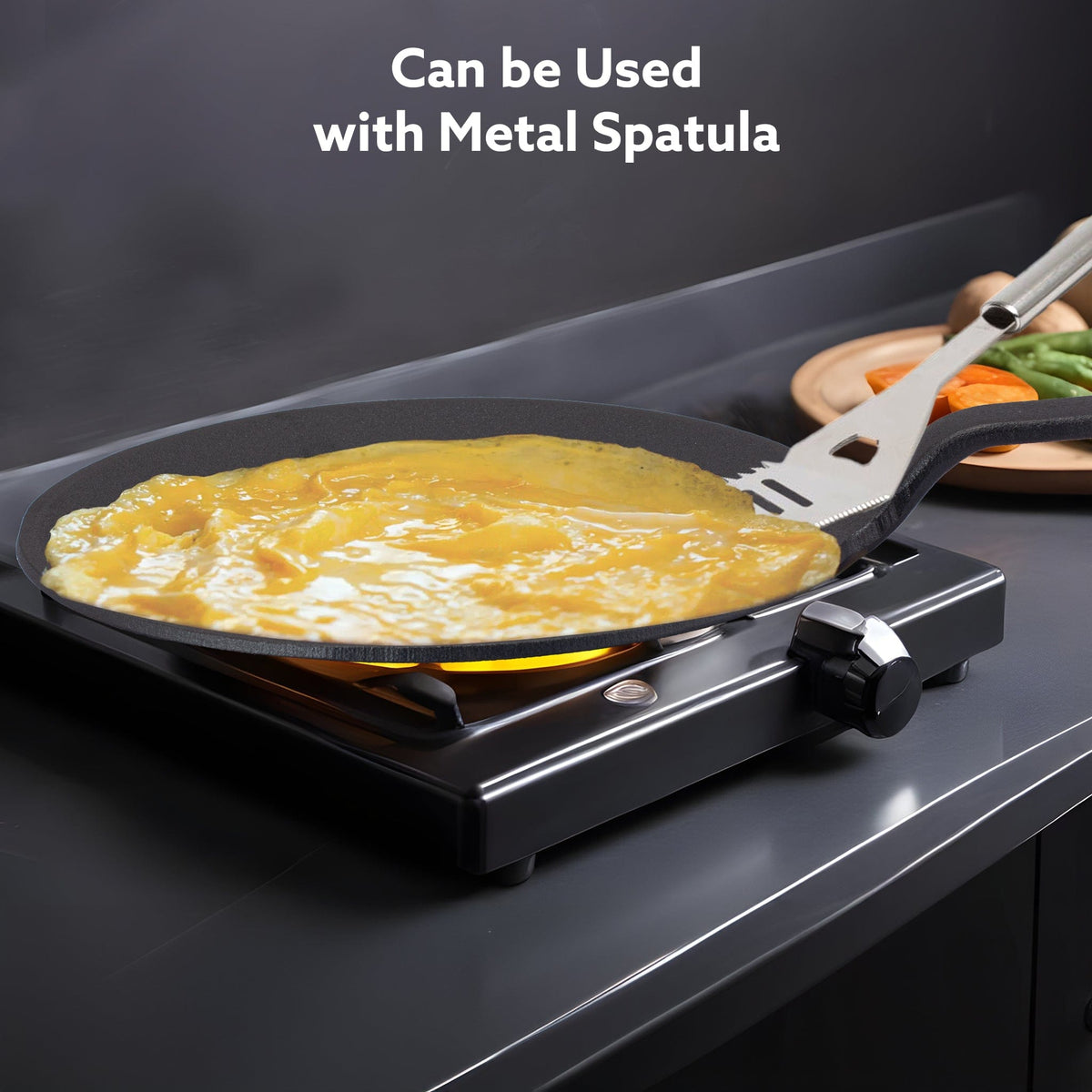 AGARO Royal Pre Seasoned Cast Iron Tawa, 26 CM Diameter, No Chemical Coating, Long Rigid Handle, Fast Heating, Heavy Wei