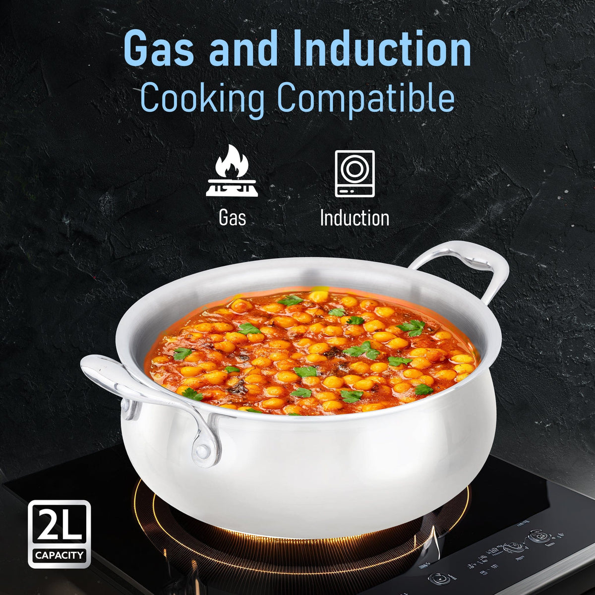AGARO Regency Triply Stainless Steel Saucepot 2 Liter with Glass Lid, 2.5 mm Thick Body, Induction & Gas Compatible, Riv