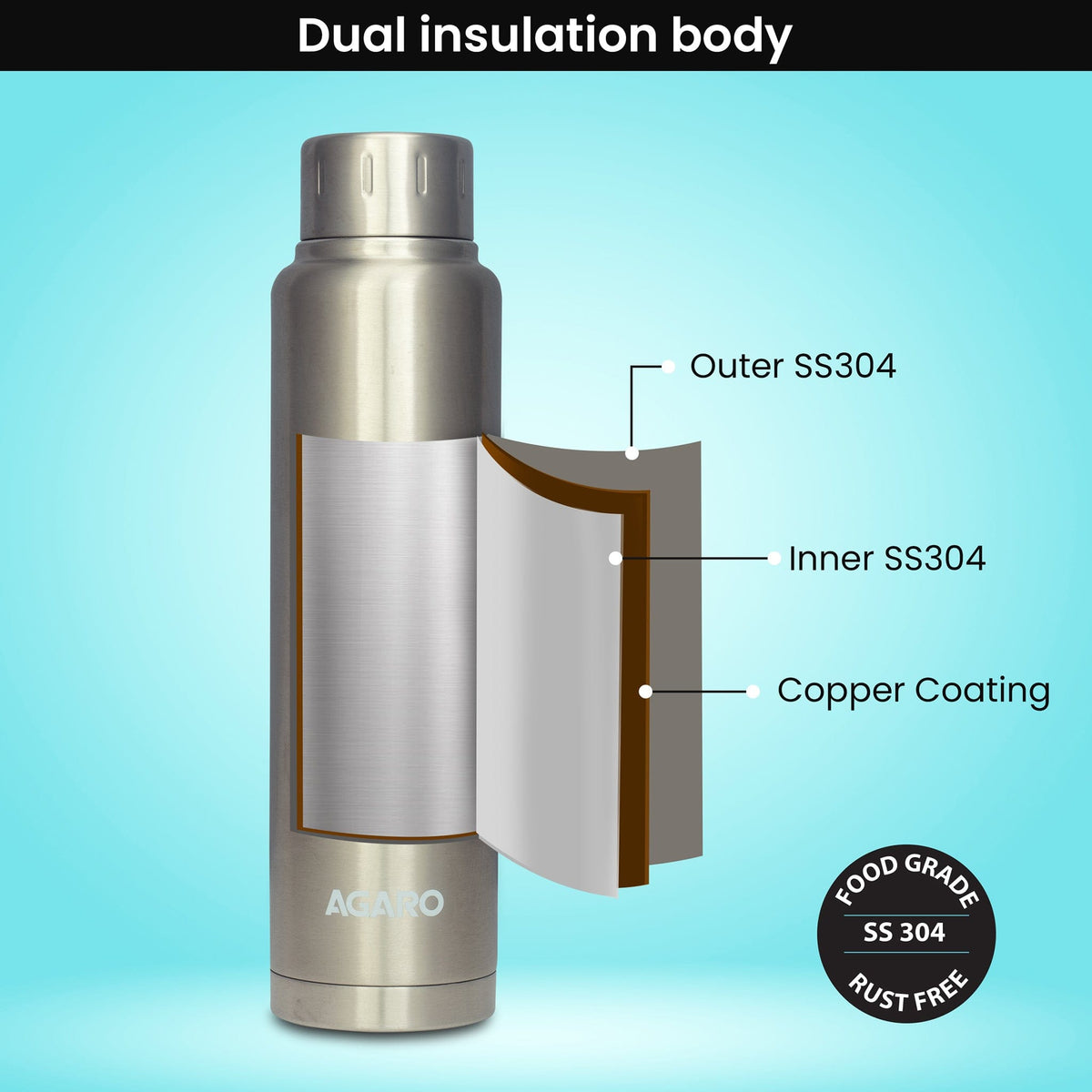 AGARO Regal Stainless Steel Vacuum Flask 450 ML, Double Walled Vacuum Insulated, Copper Insulated, 304 Grade Inner and Outer Stainless Steel Crafted, Leak Proof, Hot and Cold up to 8 hrs, (Silver).-4