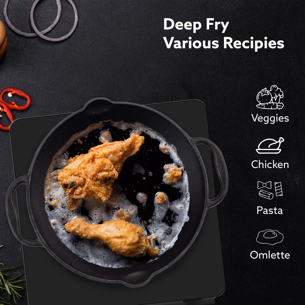 AGARO Royal Pre Seasoned Cast Iron Deep Fry Pan,25 cm Diameter,1.8L Capacity,No Chemical Coating,Rigid Handles,Fast Heat
