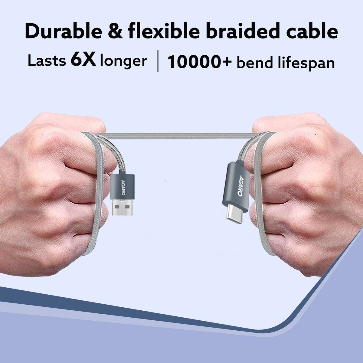 AGARO USB-A to Type C Cable, Unbreakable Braided Cable, 3A Fast Charging, Compatible with All Type C Devices Including S