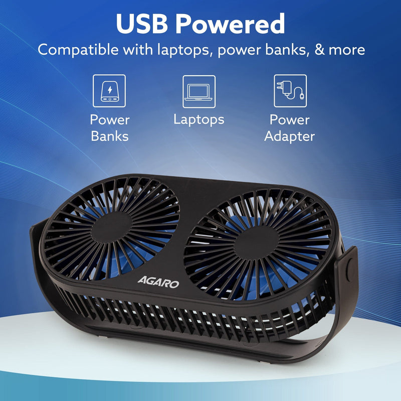 AGARO Signify USB Desk Twin Fan, Portable Dual Table Cooling Fan with 5 Blades & 3 Speed Option, USB Powered, Dual Mode,