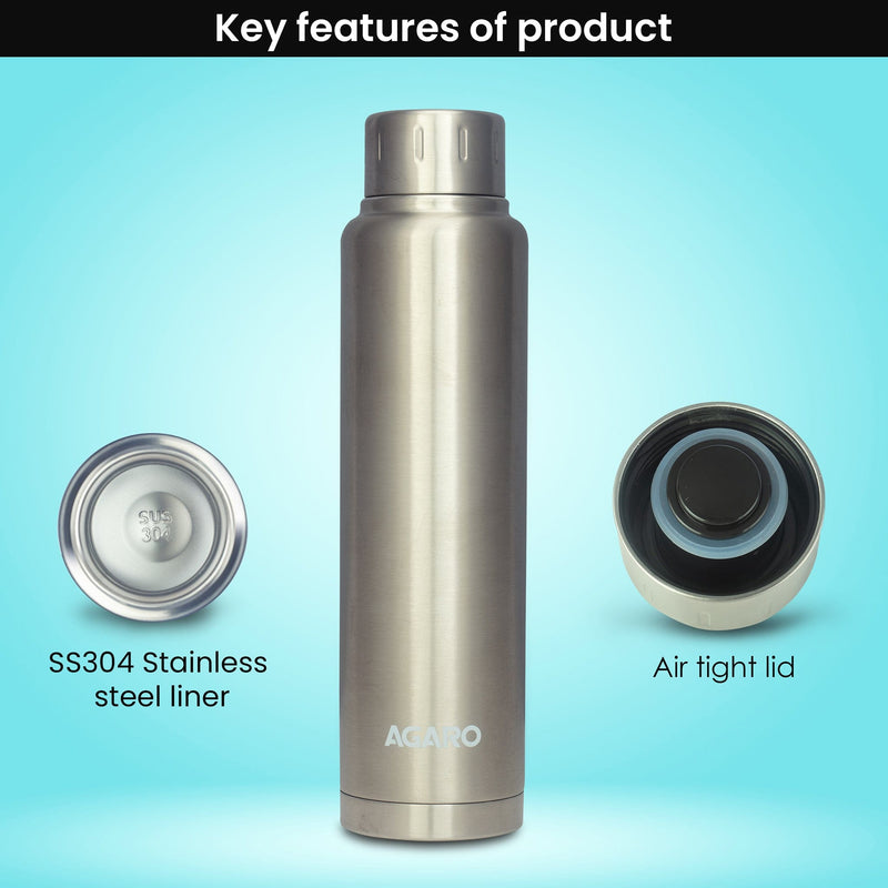 AGARO ரீகல் ஸ்டெயின்லெஸ் ஸ்டீல் வெற்றிட பிளாஸ்க் 750 ML, இரட்டை சுவர் கொண்ட வெற்றிட காப்பிடப்பட்ட, செம்பு காப்பிடப்பட்ட, 304 தர உள் மற்றும் வெளிப்புற துருப்பிடிக்காத எஃகு வடிவமைக்கப்பட்ட, கசிவு தடுப்பு, 8 மணி நேரம் வரை வெப்பம் மற்றும் குளிர், (வெள்ளி). -5