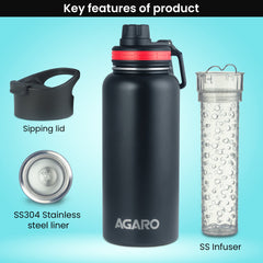 AGARO Imperial Stainless Steel Vacuum Flask 1 Litre, Double Walled Vacuum Insulated, Copper Insulated, Flip Top Lid, Sipping Lid, Leak Proof, Tritan Infuser, Hot and Cold up to 8 hrs (Black).-5