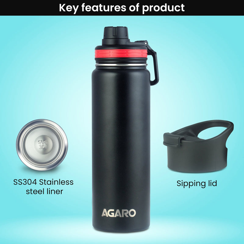 AGARO இம்பீரியல் ஸ்டெயின்லெஸ் ஸ்டீல் வெற்றிட பிளாஸ்க் 720 ML, இரட்டை சுவர் கொண்ட வெற்றிட காப்பிடப்பட்ட, செப்பு காப்பிடப்பட்ட, ஃபிளிப் டாப் மூடி, சிப்பிங் மூடி, கசிவு மற்றும் துருப்பிடிக்காத, 8 மணி நேரம் வரை சூடாகவும் குளிராகவும் இருக்கும், (கருப்பு). -5