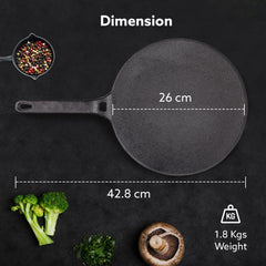 AGARO Royal Pre Seasoned Cast Iron Tawa, 26 CM Diameter, No Chemical Coating, Long Rigid Handle, Fast Heating, Heavy Wei