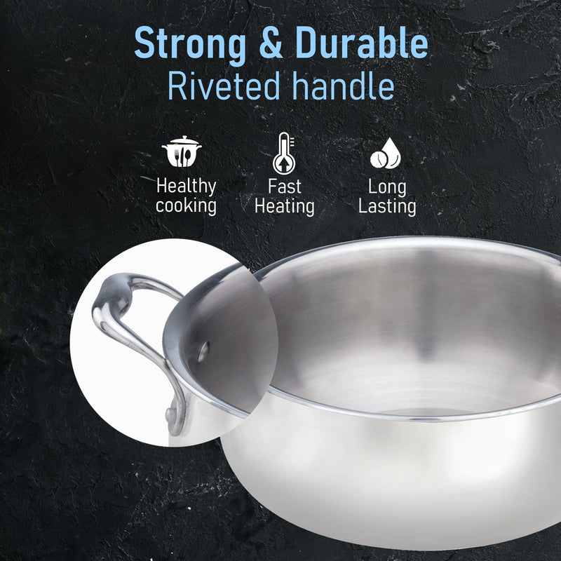 AGARO Regency Triply Stainless Steel Saucepot 2 Liter with Glass Lid, 2.5 mm Thick Body, Induction & Gas Compatible, Riv