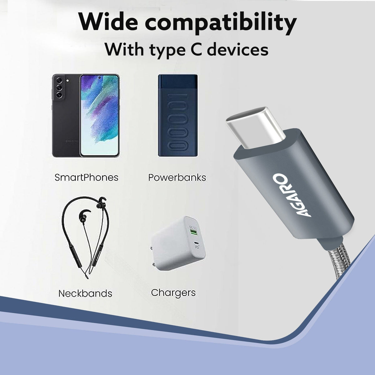 AGARO USB-A to Type C Cable, Unbreakable Braided Cable, 3A Fast Charging, Compatible with All Type C Devices Including S