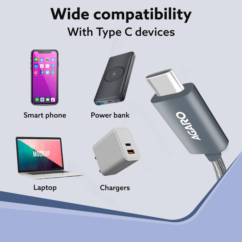 AGARO Type C to Type C Cable, 60W, 4A, Supports PD, Nylon Braided Fast Charging Cable Compatible With Type C Devices Inc