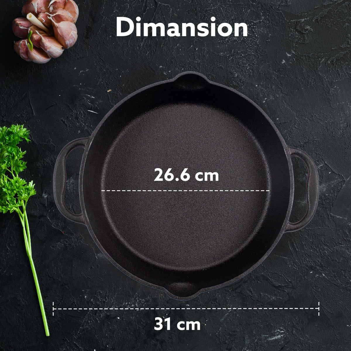 AGARO Royal Pre Seasoned Cast Iron Deep Fry Pan,25 cm Diameter,1.8L Capacity,No Chemical Coating,Rigid Handles,Fast Heat