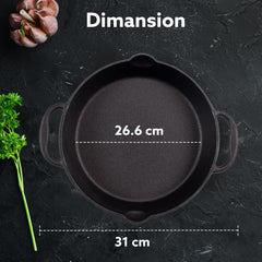 AGARO Royal Pre Seasoned Cast Iron Deep Fry Pan,25 cm Diameter,1.8L Capacity,No Chemical Coating,Rigid Handles,Fast Heat