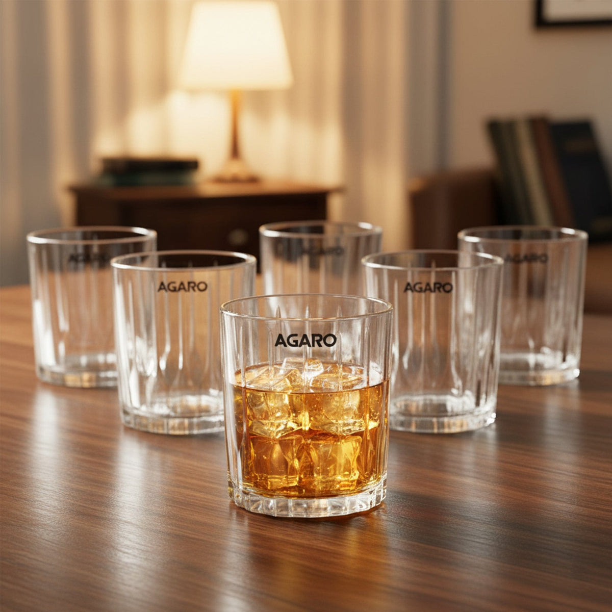 AGARO Elegant Whiskey Glass, Set of 6, 325ML, Vertical Stripe Cut Design, Crystal Clear Tumbler Set, Home, Bar Drinking 