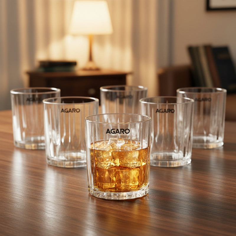 AGARO Elegant Whiskey Glass, Set of 6, 325ML, Vertical Stripe Cut Design, Crystal Clear Tumbler Set, Home, Bar Drinking 