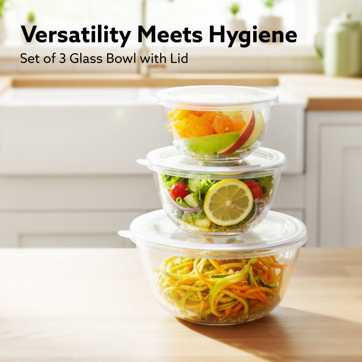 AGARO Elite Glass Bowl With Lid, 3 pcs Set - 500, 800,1600 ml