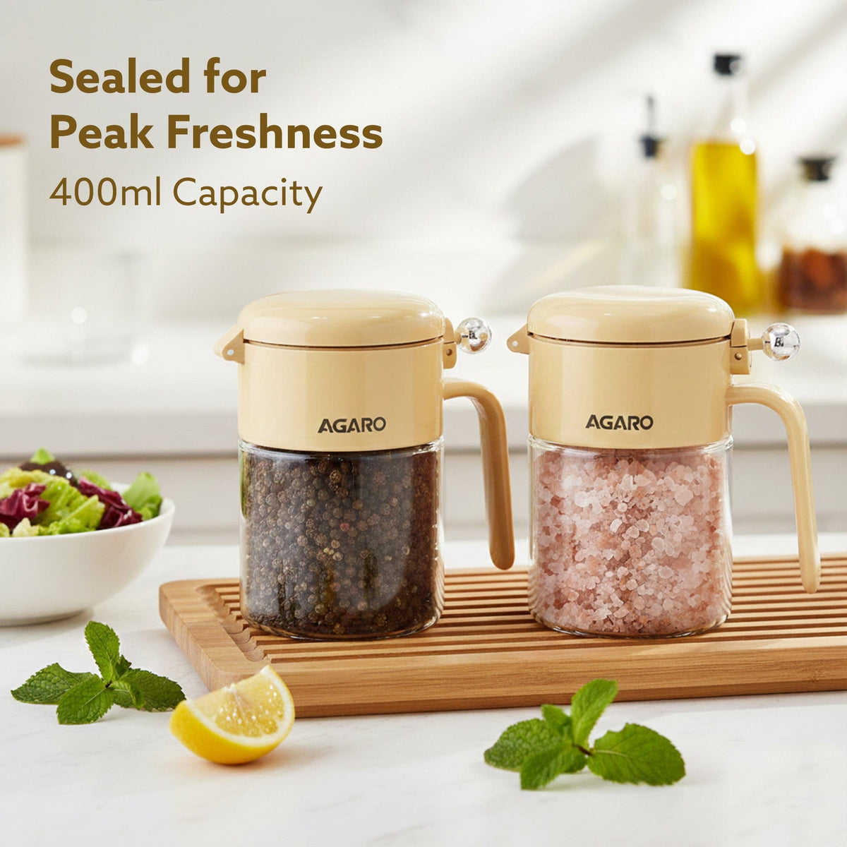 AGARO Elegant Spice Jar 400ml, Airtight Glass Masala Brown Container with Secure Lid & Spoon, Versatile Seasoning & Stor